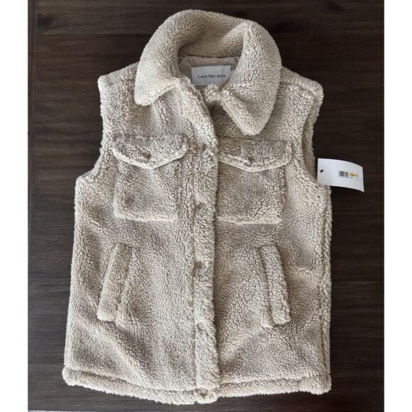 Sherpa Vest Sleeveless Jacket Deep Pile Faux Fur Calvin Klein $149 S - Picture 1 of 10